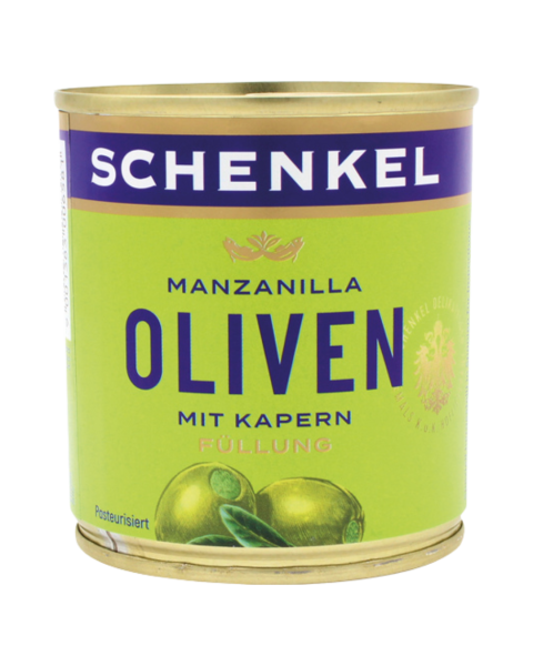 Schenkel Oliven Manzanilla gruen, mit Kapern Fuellung, aus Spanien, 200 Gramm Abtropfgewicht